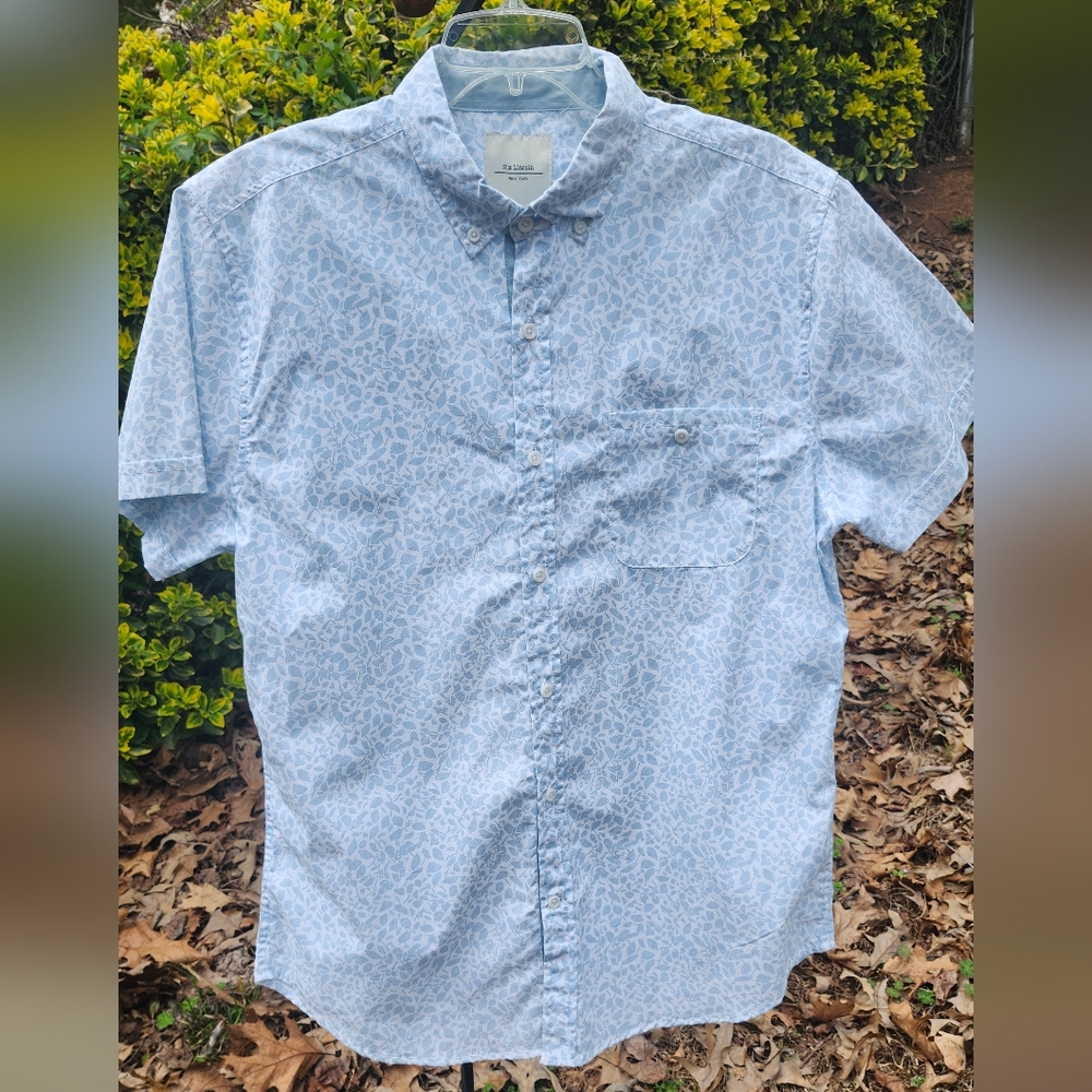 Six Lincoln Blue Leaf Print Short Sleeve Button Down Shirt Size 1 Small